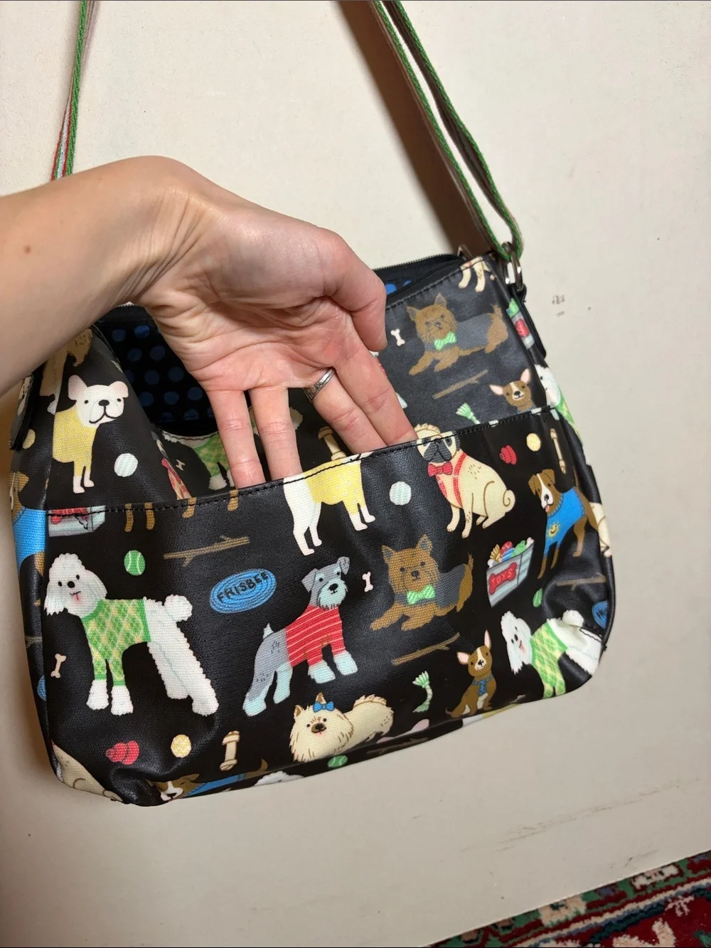 Black Dog-Print Crossbody Bag with Striped Strap Waterproof Dog Walker Purse